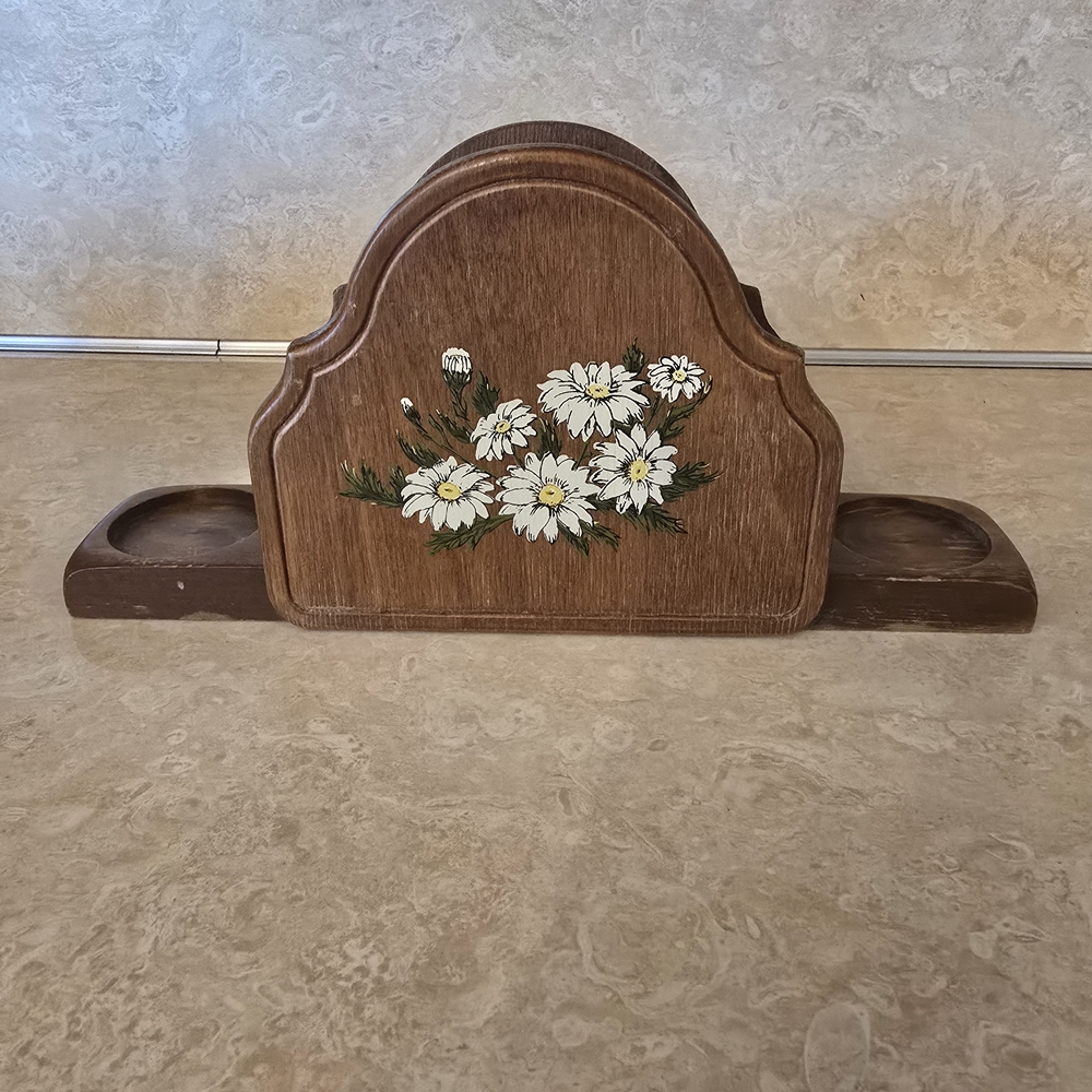 Vintage Wooden Napkin Holder with Floral Design
